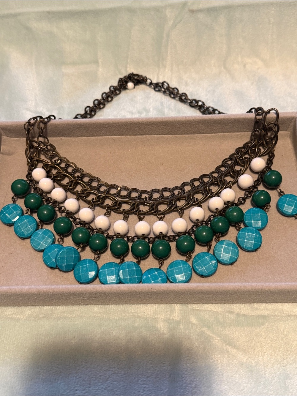 Multistrand Beaded Statement Necklace in Teal, Green & White